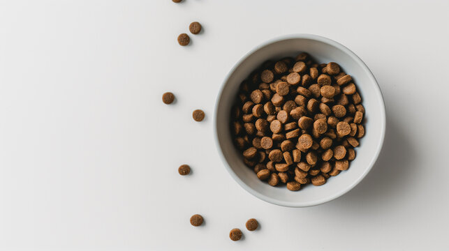 Close-up dog food bowl on white surface