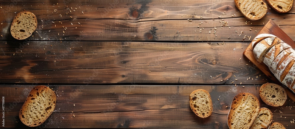 Fototapete a top view of rustic wooden background with bread slices. horizontal composition with copy space ima