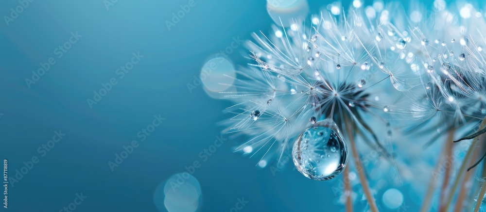 Fototapete soft focus fluffy dandelion seed with dew drop over blue backdrop, creating a serene copy space imag
