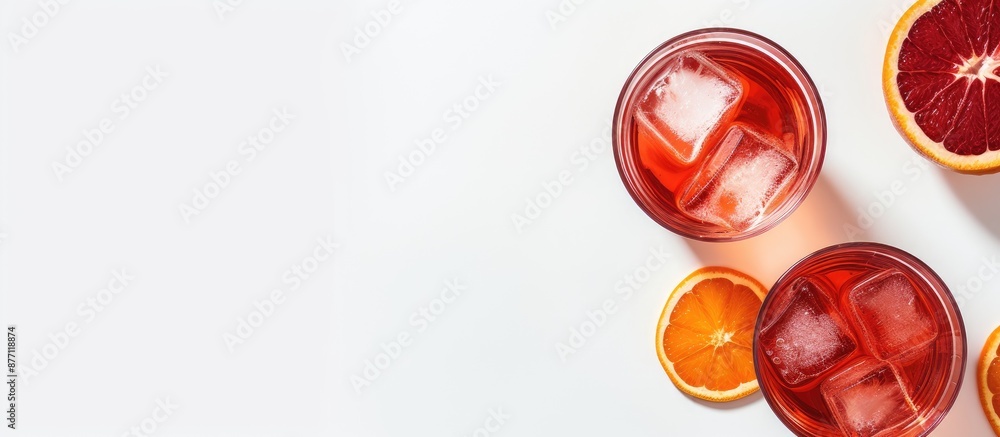 Poster flatlay image of negroni cocktails with blood oranges on a white background, featuring shadows and p