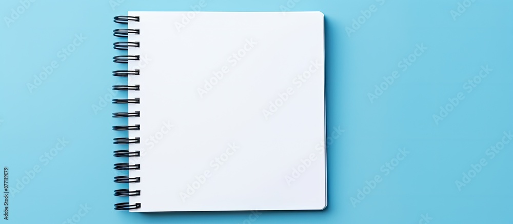 Poster minimalist flat lay style top view of an open spiral notebook on a stylish classic blue background, 