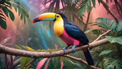 Obraz premium A colorful pelican sitting on a branch in the lush jungle