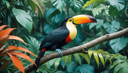 Obraz premium A colorful pelican sitting on a branch in the lush jungle