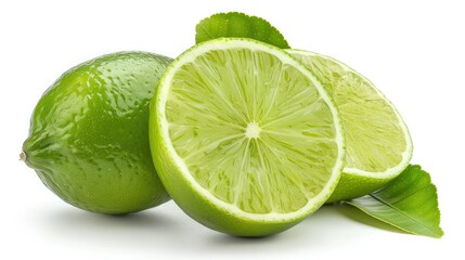 Whole lime with slice and leaf isolated on a white background