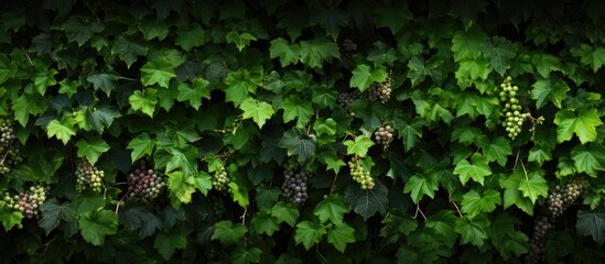 A natural wallpaper featuring ivy leaves and wild green grapes with copy space image, suitable for decorating garden hedges or yards with Parthenocissus quinquefolia vines.