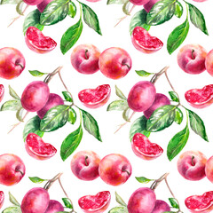 Seamless Watercolor Pattern of Plums with Leaves - Vibrant and Natural Design