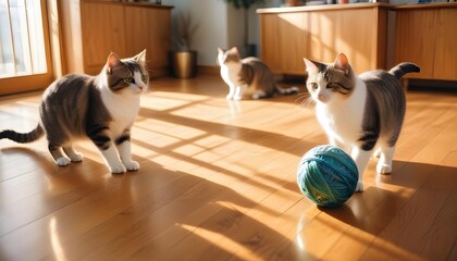 Little kittens playing in the kitchen with thick threads