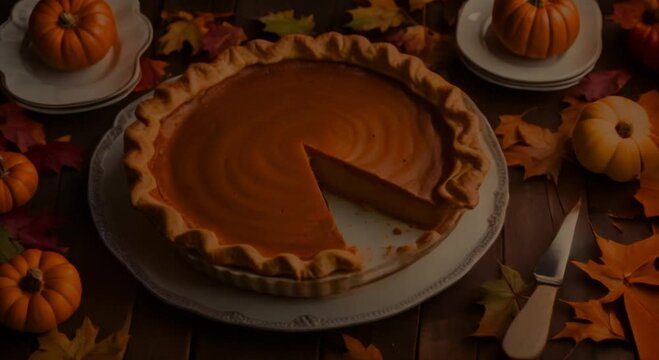 A pie with a slice missing is on a plate. The pumpkin pie is orange and has a crust. thanksgiving