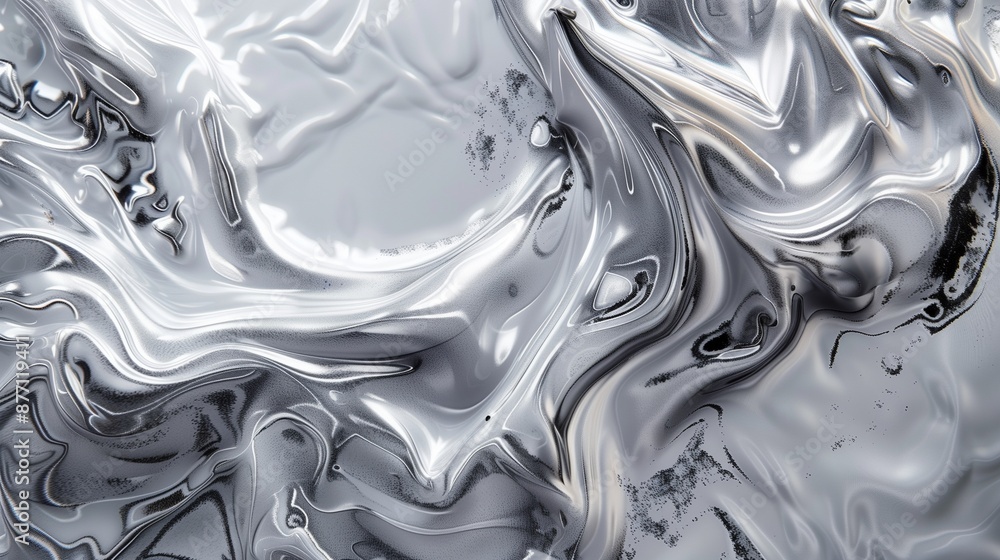 Poster swirling metallic silver and gray pattern background image. fluid forms, shiny texture abstract phot