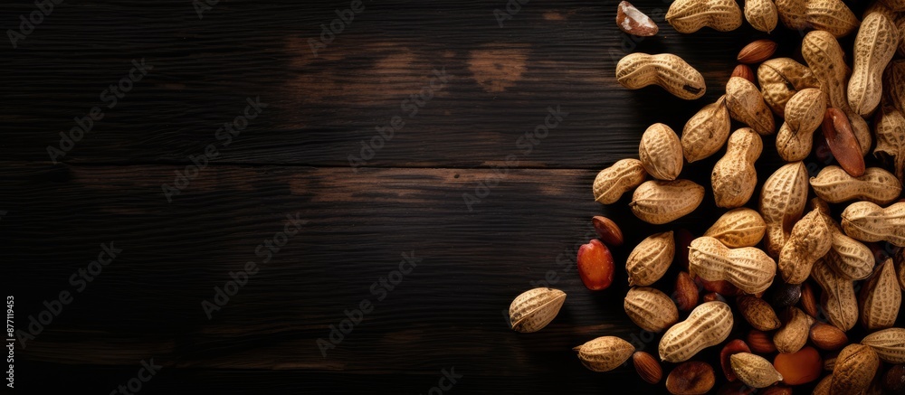 Poster Scattered raw peanuts on dark rustic backdrop create a textured food background, suitable for incorporating a copy space image.
