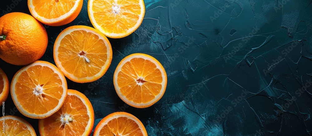 Poster Top view of fresh, ripe oranges on a dark background with copy space image.