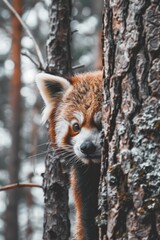  A red fox, nose touching bark, peeks from behind a snow-covered tree Snowy ground, tree-studded backdrop