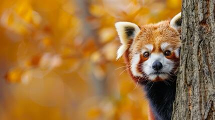  A red panda scrutinizes from behind a yellow-orange leafed tree