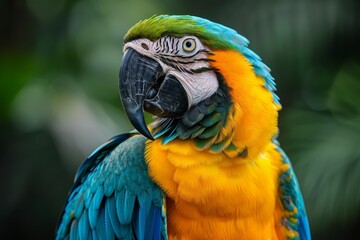 Fototapeta premium Close-up of blue and yellow macaw parrot with green background. High-detail wildlife photography.