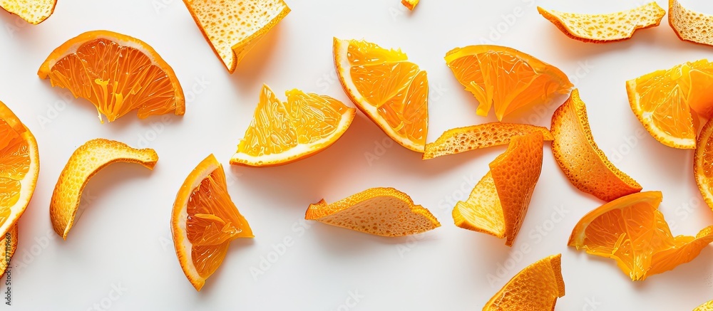 Poster top down view of orange peel pieces on a white backdrop with copy space image.