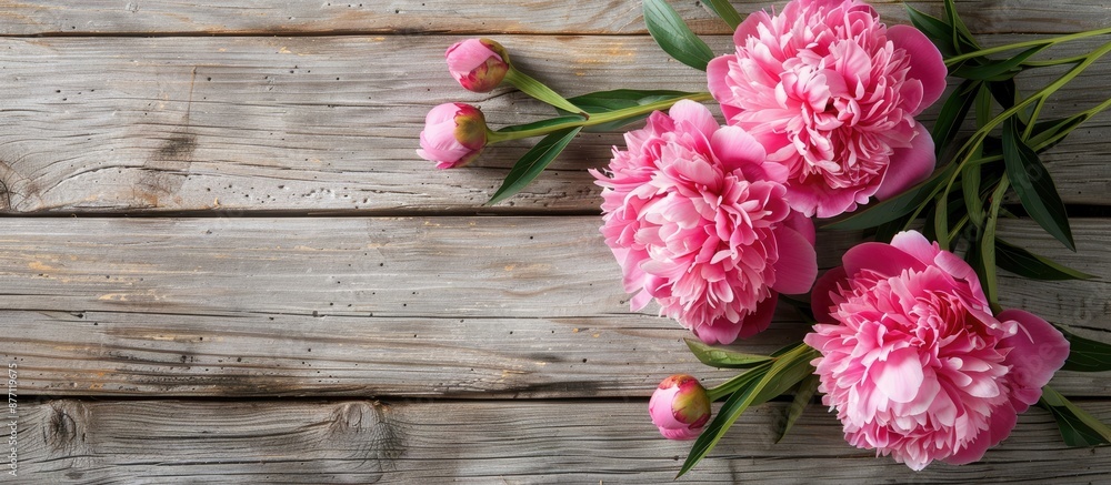 Poster beautiful bright pink peonies set against a charming wooden background, creating an elegant composit