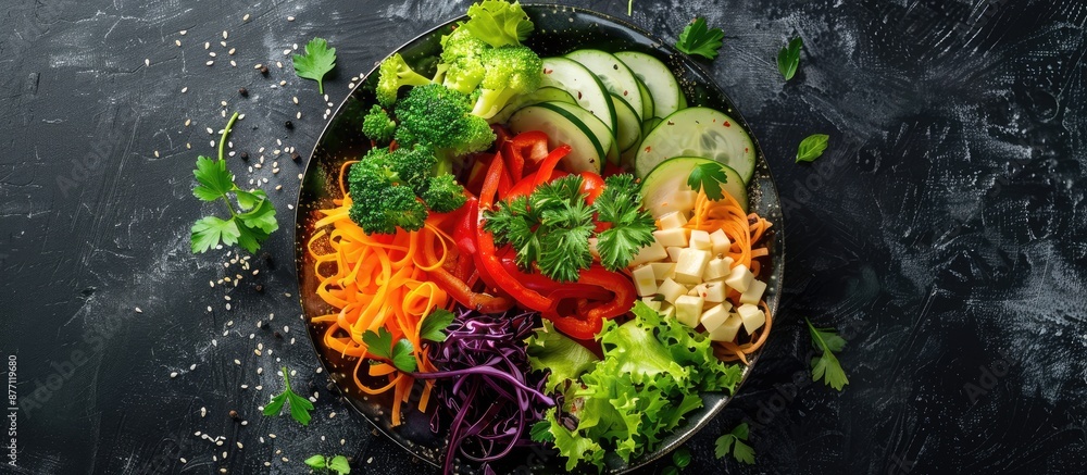 Poster A fresh green salad with various colorful vegetables arranged beautifully on a plate, creating an appetizing and vibrant dish with a pleasing composition and copy space image.