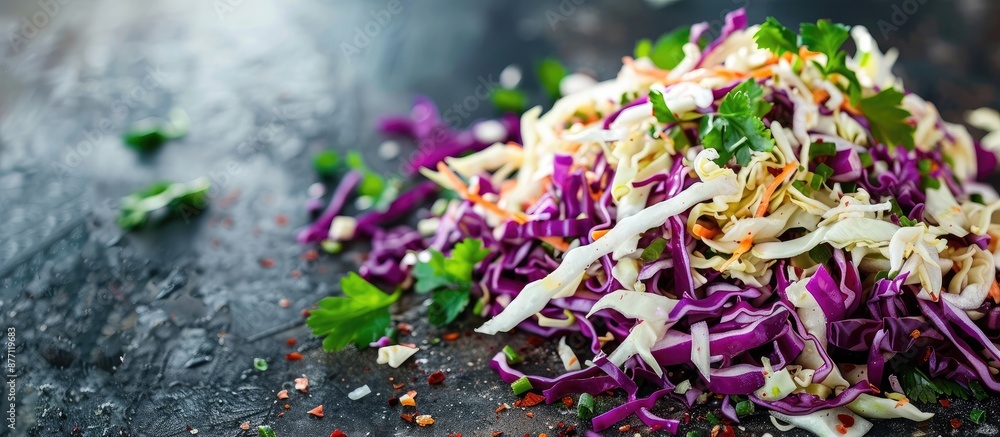 Poster crunchy shredded cabbage mix with fresh greens for an appealing dish with copy space image.