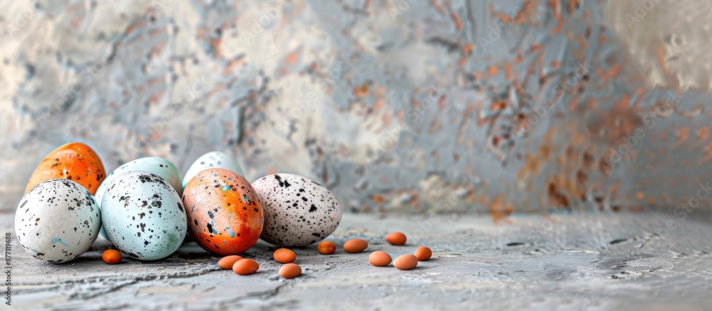 Poster Quail eggs painted for Easter displayed on a textured concrete background with copy space image available.