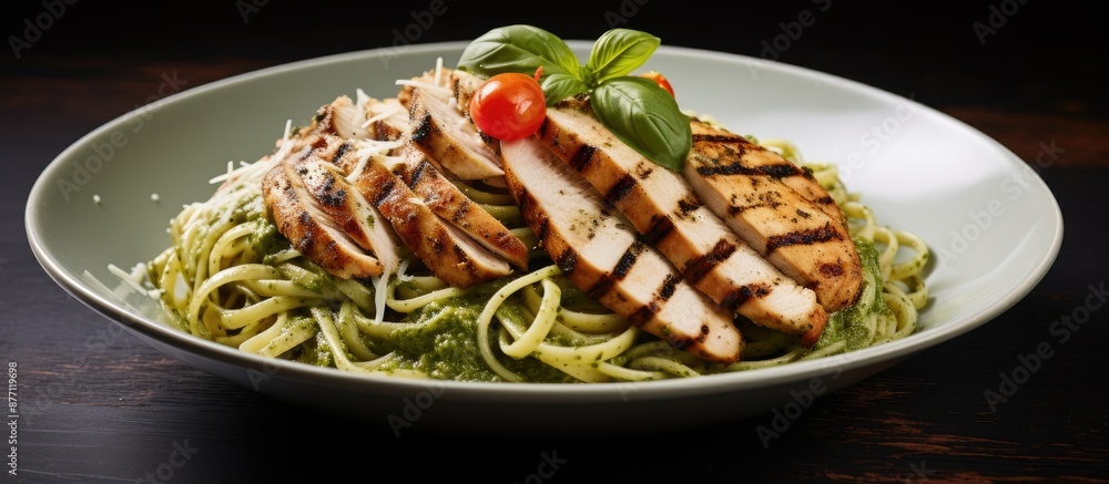Poster grilled chicken pasta with basil pesto, having a fresh and appetizing appearance, will make for an i