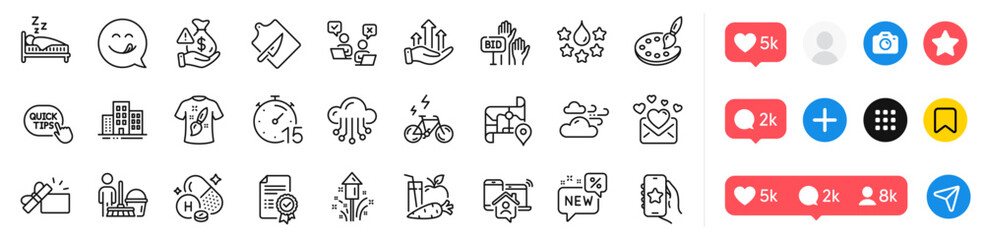 Favorite app, Timer and Cleaning line icons pack. Social media icons. Cutting board, Love mail, Palette web icon. Buildings, Sleep, Work home pictogram. Certificate, Bribe, Windy weather. Vector