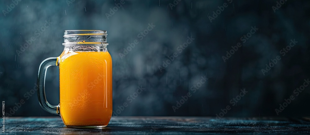 Poster clear glass mason jar with a small amount of orange juice on a dark backdrop with space for addition