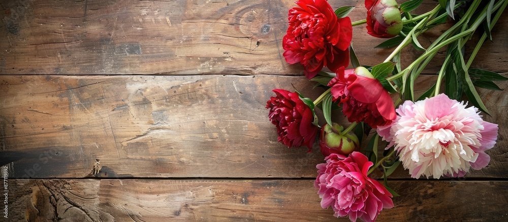 Poster a charming floral background featuring red and pink peonies on a wooden table, ready for your messag