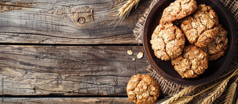 Aufkleber oat cookies displayed elegantly on a rustic wooden table with a beautifully arranged copy space imag