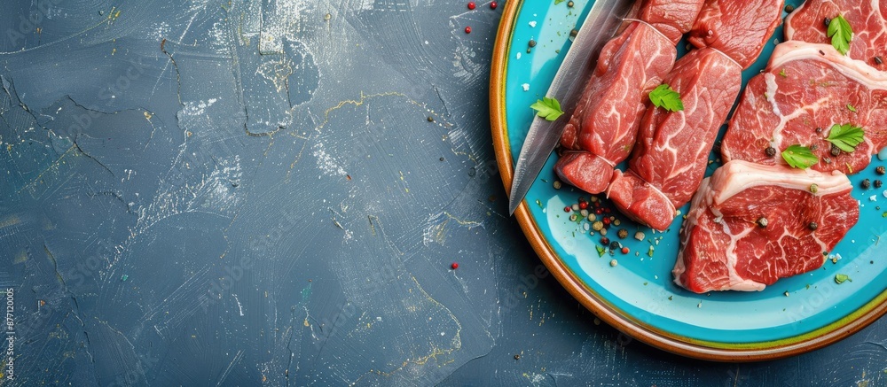 Leinwandbilder outdoor image showing raw meat and a kitchen knife arranged on a vibrant plate with a background sui