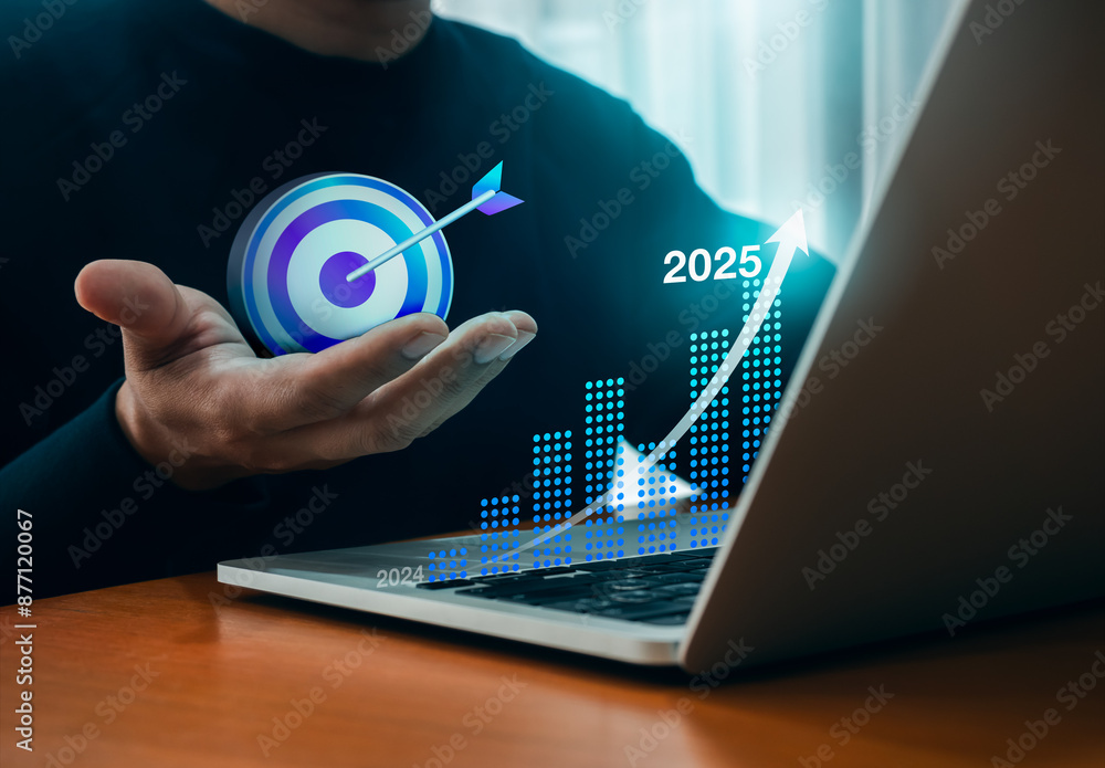 Poster arrow up from 2024 to 2025 year numbers on virtual digital growth graph on laptop computer while bus