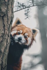  A red panda gazes out from behind a tree in a close-up shot Fog obscures the sky in the background