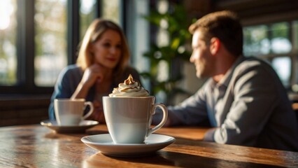 Coffee cups centered on a table, sharply in focus, while a couple in the background is intentionally blurred, creating a serene ambiance of relaxation. The foreground captures the essence of a moment 