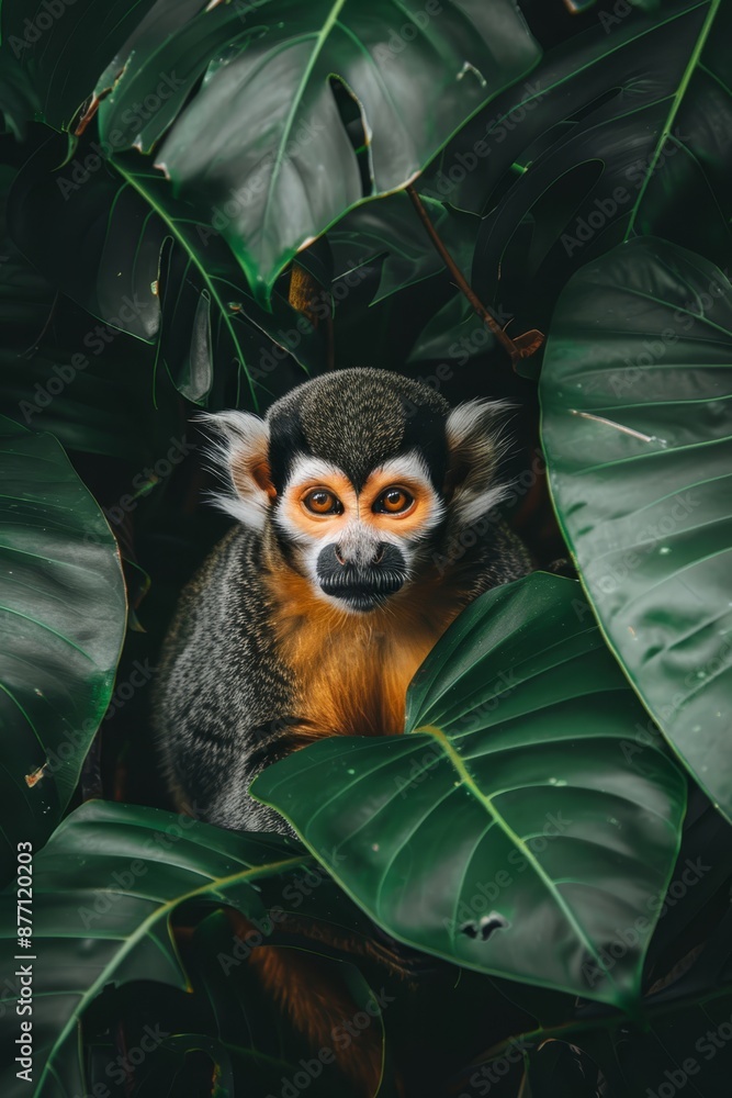 Poster  A tight shot of a monkey in a tree surrounded by large, green foliage in the foreground An orange-eyed creature lurks behind