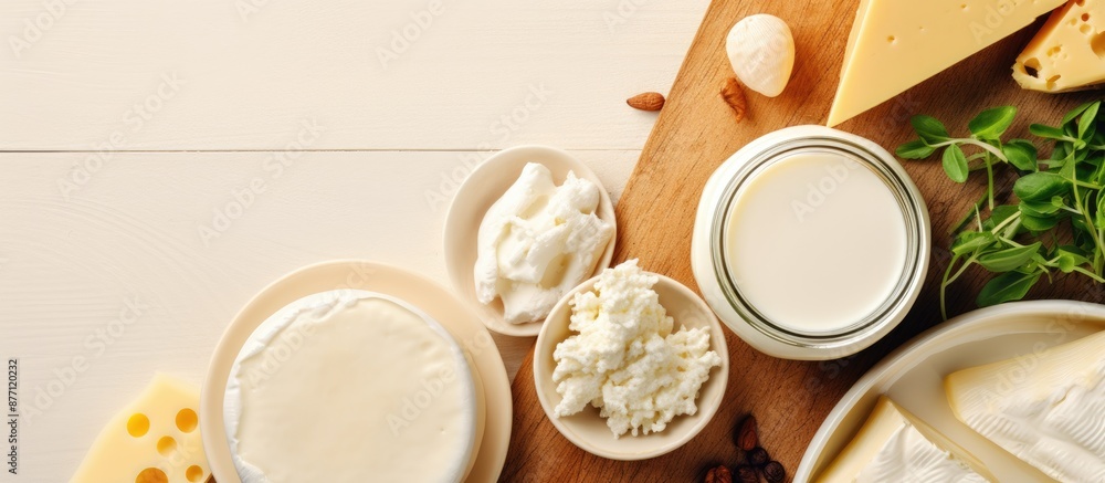 Poster a selection of dairy items like milk, cheese, cottage cheese, and sour cream arranged in a top view 