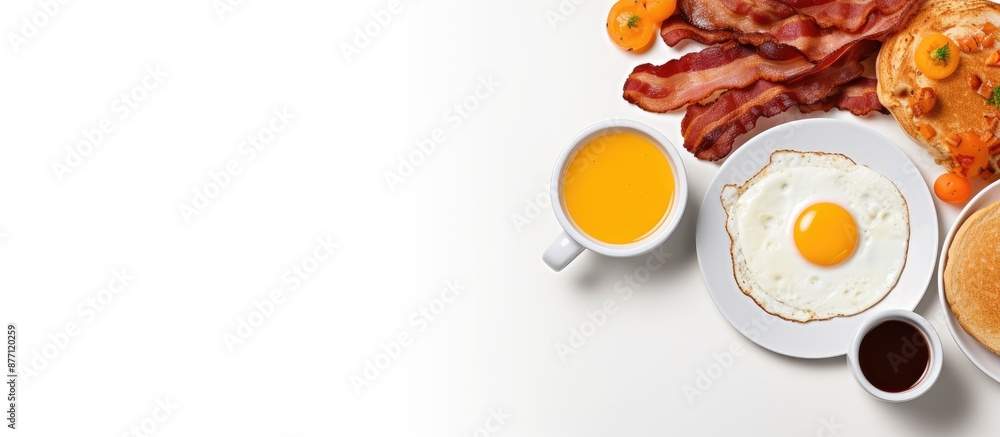 Aufkleber Top view of a complete American breakfast on a white background with copy space image. The meal includes sunny-side-up eggs, crispy bacon, hash browns, pancakes, toast, orange juice, and coffee.