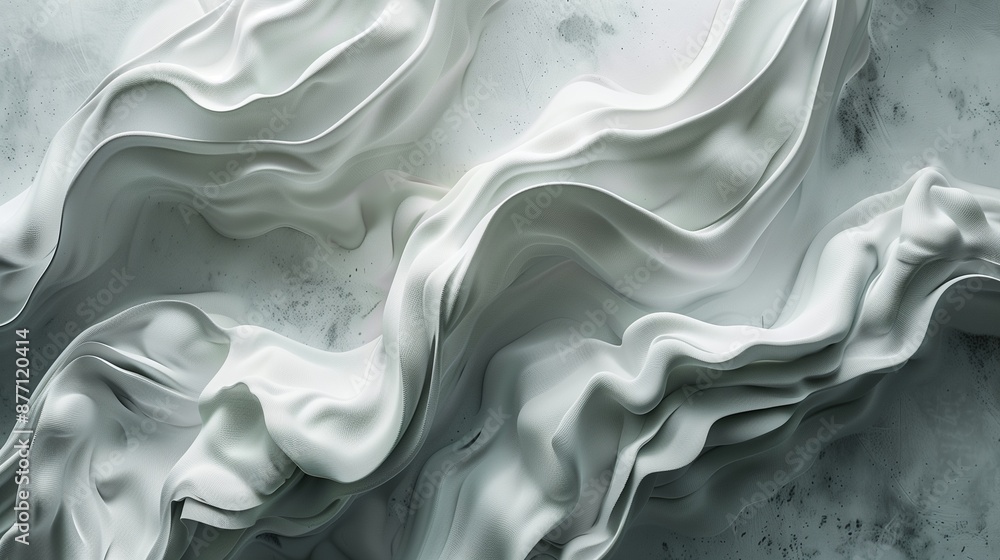 Poster flowing white fabric-like forms texture background image. ethereal soft curves. monochromatic tones 