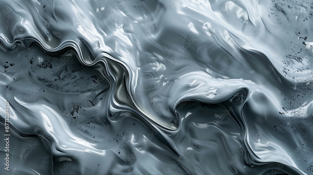 Poster dynamic silver-toned abstract surface background image. flowing metallic textures, undulating lines.
