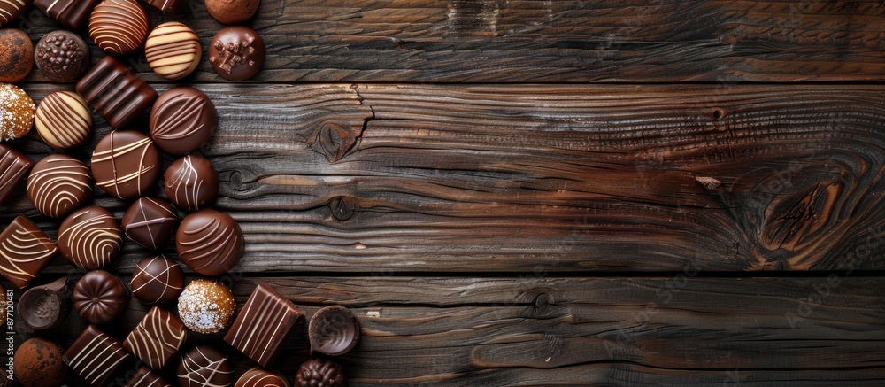 Poster Delicious chocolate candies displayed on a rustic wooden surface from above, with space for text or design in the background image.