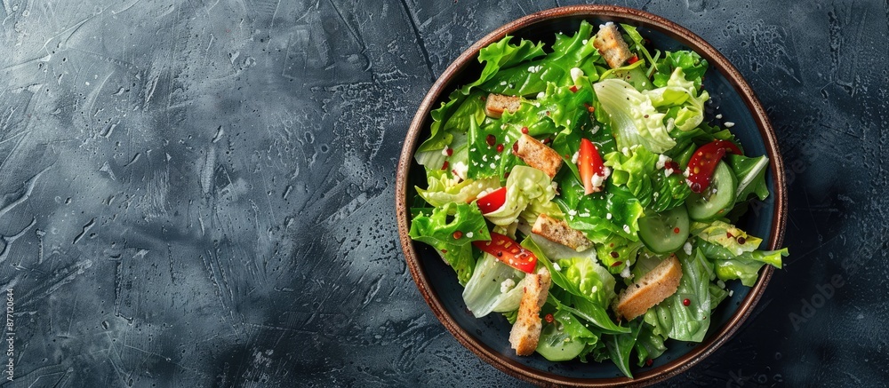 Poster Top-down view of a tasty Caesar salad on a dark surface, with room for text in the image.