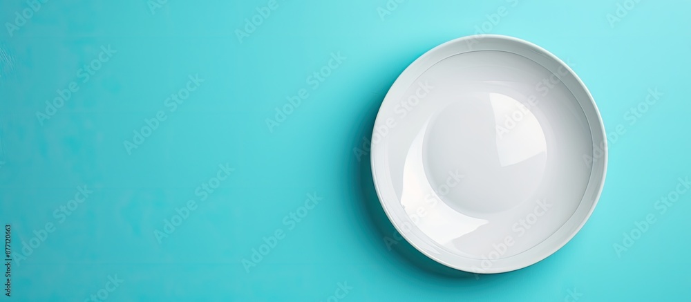 Poster top view of an empty white plate on a blue background table with copy space image.