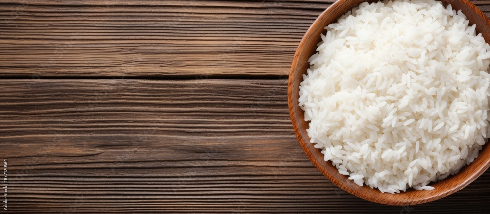 Poster Top view image of a bowl of cooked rice on a wooden background with ample copy space for text or graphics.