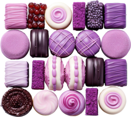 Assorted purple and pink confections arranged neatly in a grid pattern, showcasing a variety of textures and designs.