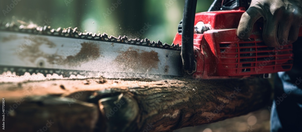 Aufkleber Adjust chain tension on the chainsaw bar using a special tool for maintenance. Close-up image with copy space.