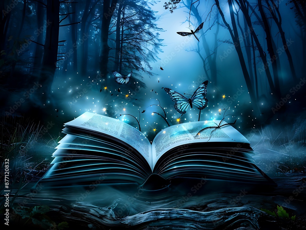 Poster an enchanting scene in an open book showing a serene forest with ethereal creatures, glowing firefli