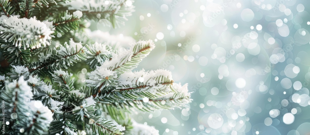 Aufkleber snow-covered christmas tree branches with a blurred background, providing copy space image.