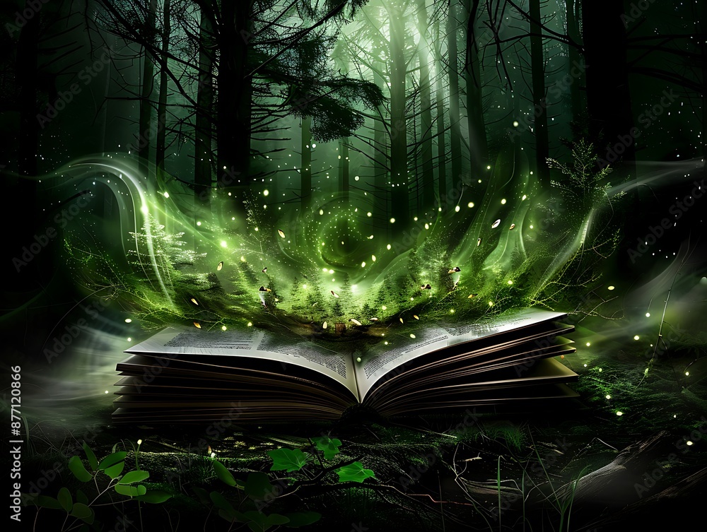 Poster an enchanting scene in an open book showing a serene forest with ethereal creatures, glowing firefli