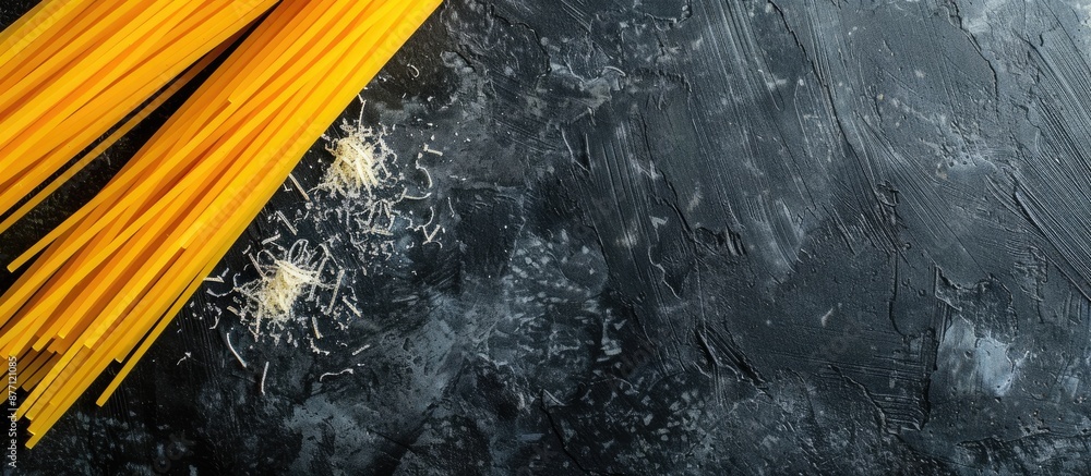 Poster top view of yellow raw spaghetti bolognese on a black concrete background, emphasizing italian food 