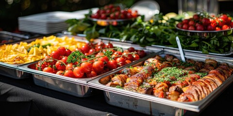 Fototapeta premium Appetizing buffet with assorted colorful dishes, vegetables, and meats displayed.