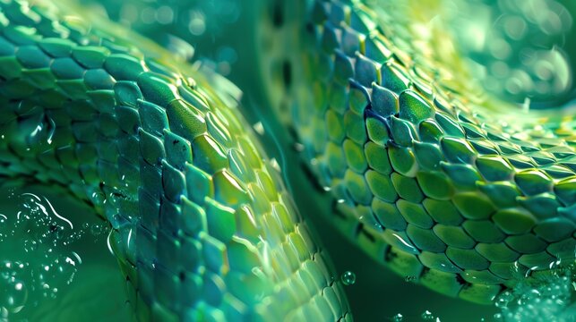 Vibrant green snake scales texture in water bubbles background image. Snakeskin iridescence photo backdrop wallpaper realistic. Reptile scaly serpent abstract concept photorealistic