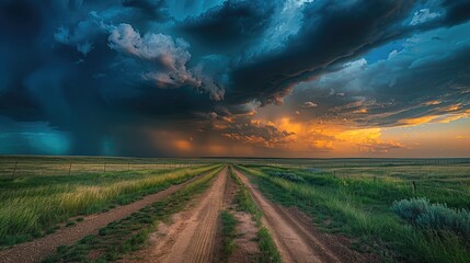 A dramatic sky before a storm over a country road illustrating the power of nature.